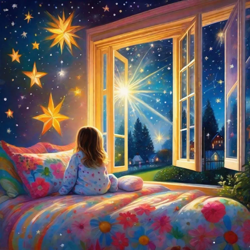 Prompt: A 6-year-old girl in pajamas is in her bedroom looking out the window towards the garden. It is already night and she sees a beautiful, very bright star in the sky that projects its rays towards the garden. In the garden there is a beautiful snowman and a baby lamb bathed in starlight
masterpiecegraffiti art, splash art, street art, spray paint, oil gouache melting, acrylic, high contrast, colorful polychromatic, ultra detailed, ultra quality, CGSociety. Art by Josephine wall
