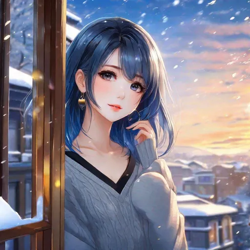 Prompt: girl, black outside honey midhiam bob, blue  gradation hair color, hair ornament, slender body, casual roomclothes, big size  sweater, can see winter view from window, earring, beautiful face, beautiful eye, focus face, best quality, beautiful face,  more prism, vibrant color, anime, anime girl, beautiful, highly detailed, perfect face, high resolution