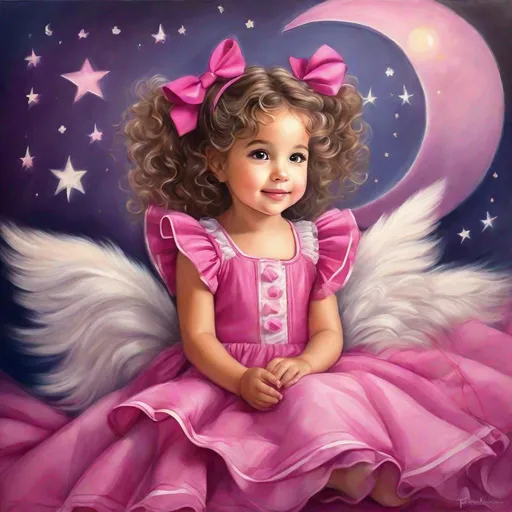 Prompt: whimsical painting of a sweet and realistic girl with curly hair and ponytails,cute girl, 3 years old, with hands under her head, full body shot, with flaudas, fuchsia frilly dress,shoes,round eyes,cute,soft mouth, a bow ribbon on her head, lying on a bed moon and star print sheet, human,pencil sketches,realistic, hyper-detailed,16k HC l