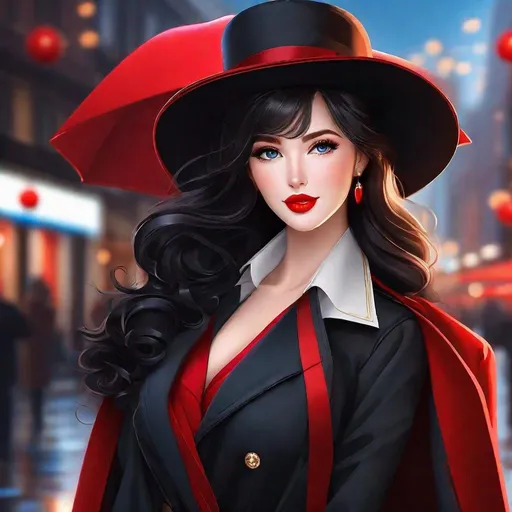 Prompt: 
long hair, black hair, lipstick, makeup, red lips,  lips, blue eyes, mature female, curly hair,  long legs, narrow waist, curvy,  
trench coat, , belt, red headwear, black gloves, red coat, long coat, scarf, 
extremely detailed CG unity 8k wallpaper, perfect lighting,Colorful, Bright_Front_face_Lighting,shiny skin, masterpiece, photography, 8K, HDR, highres,  Kodak portra 400, film grain, blurry background, bokeh, lens flare, vibrant_color, professional photograph, (beautiful_face:1.5),