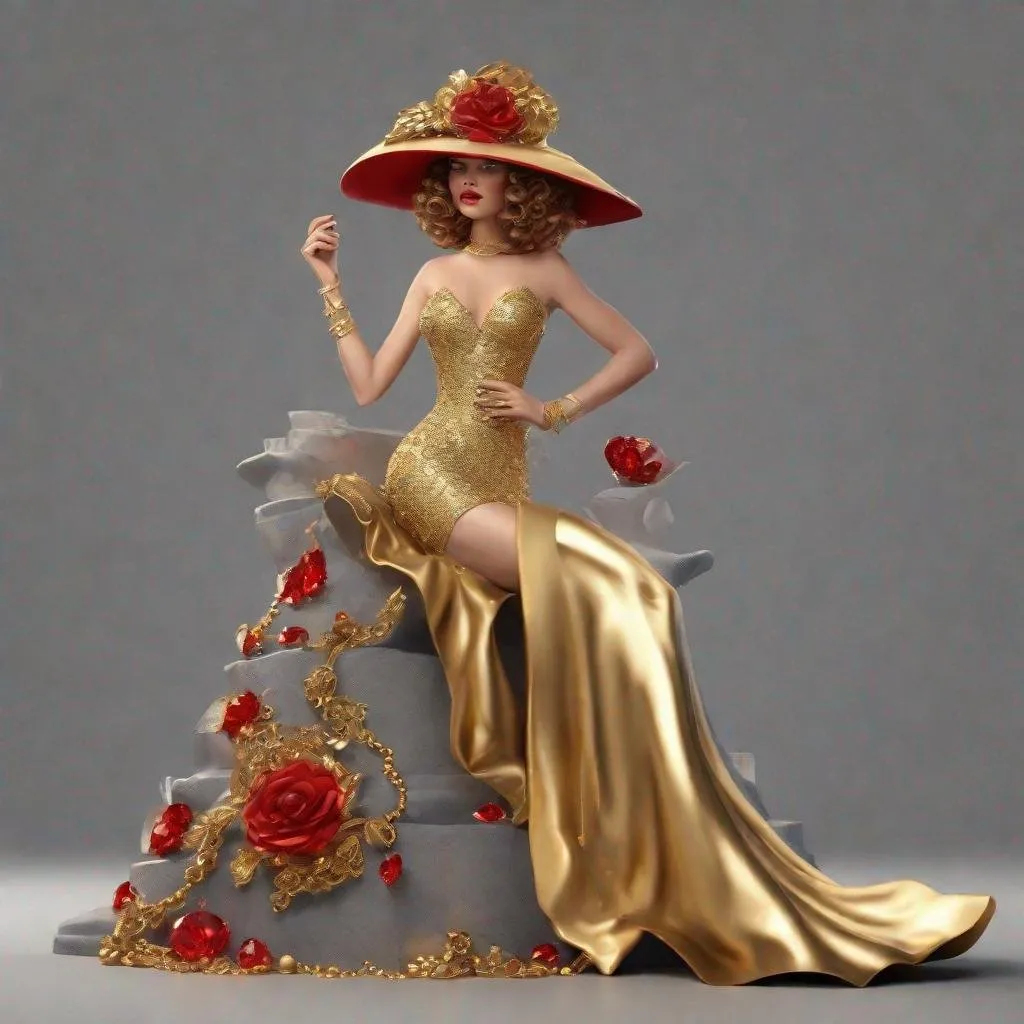 Prompt: create a slim photorealistic beautiful woman with golden curls and a gold-colored dress, with ditto hat and shoes, everything is decorated with red gemstones. the background is gray