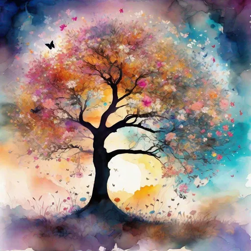 Prompt: Cosmic Tree of life Japanese blossom cubist Spiriling Double exposure wildflower meadow butterflies fairy tale Digital silhouette watercolor Illustration of a summerscape sunset, by JB, Waterhouse, Carne Griffiths, Minjae Lee, Ana Paula Hoppe, Stylized watercolor art, Intricate, Complex contrast, HDR, Sharp, soft Cinematic Volumetric lighting, flowery pastel colours, wide long shot, perfect masterpiece