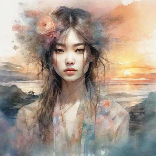 Prompt: apanese princess portrait, Digital watercolor Illustration of a summerscape sunset, by Waterhouse, Carne Griffiths, Minjae Lee, Ana Paula Hoppe, Stylized watercolor art, Intricate, Complex contrast, HDR, Sharp, soft Cinematic Volumetric lighting, flowery pastel colours, wide long shot, perfect masterpiece. fashion editorial