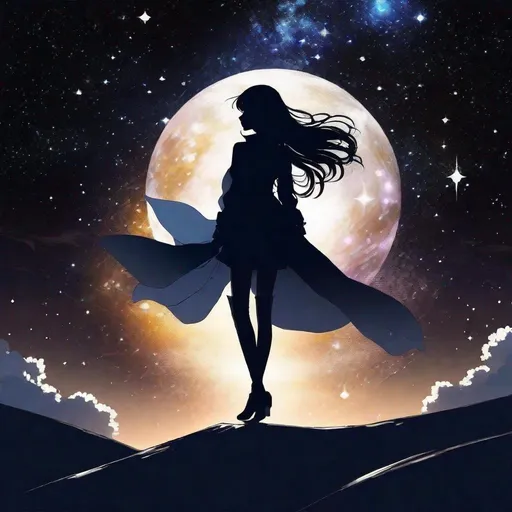 Prompt: (((Anime style))), ((Minimalist Illustration)), ((By Inoue Takehiko)), silhouette of astral diva, with a dark and light costume, suspended in air, space and galaxy background, 