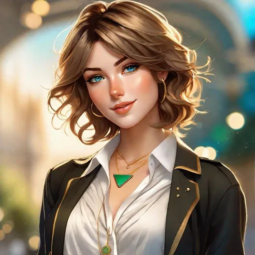 Prompt: Standing. Realistic manga. Perspective effect. French woman with rocker style. Short, wavy, soft hair, deep golden in color, with tousled brown highlights. Thin triangular face. Freckles. Bright blue-green eyes. Smile, bright lips. Medallion necklace, gold earrings, white linen shirt with plunging neckline, pleated miniskirt, black stockings, white sneakers, masterpiece, 16k RAW, HDR, award-winning work