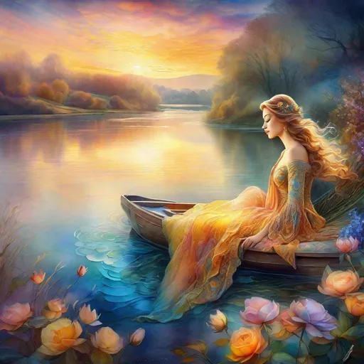 Prompt: Beautiful Digital lady Sleeping by the river watercolour, fantasycore Illustration, by  Josephine wall, and Anna Dittmann  Stylised watercolour art, Intricate, Complex contrast, , Sharp, Volumetric lighting, lush vibrant colors
golden hour,   wide long shot, perfect masterpiece. 
