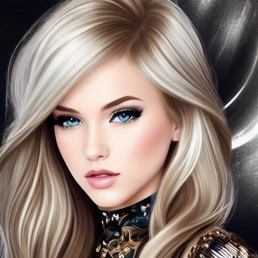 Prompt: voguestyle,| Young female, defined facial features, beautiful eyes,  GOLDEN hair with silver highlights balayage, defined and well structured.  high-heeled shoes,   digital illustration, extreme detail, digital art,  photography,