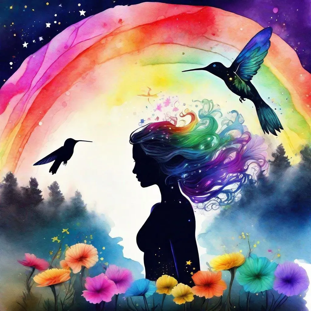 Prompt: (Double exposure >rainbow< landscape), (with waterfall and, >flowers<), elegant and highly detailed fantasy illustration, (beautiful woman silhouette, ), ((Standing in the dark, windy, playing with >hummingbird< hair fluffy with colorful curls) ), watercolor painting and ink style, using fluorescent body paint, ((( isolated black background with >stars< ))), (((( 3D, ultra detailed, photorealistic, ultra-realistic, 32K, 18K, digital graphics, HD, HDR, UHDR ))))