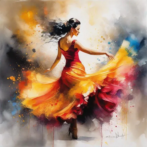 Prompt: A Woman, Flamenco Dancing concept art impressionism acrylic art digital illustration oil on canvas volumetric lighting colorful golden ratio fantasycore   Splashes of watercolor Above it  Art with Watercolor Splatter accents. by rembrandt