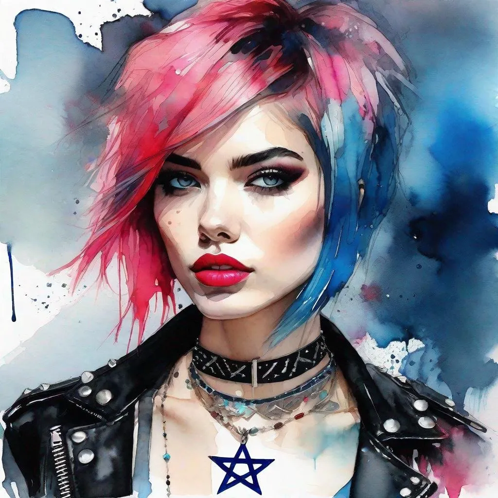 Prompt: Lady punk, Short hair on one side, semi-long hair on the other, intense pink and blue, Digital watercolor Illustration, choker with studs. Eyes with black striking makeup, red lips, Black leather jacket with a metal plate with a star of David Style art by JB, Waterhouse, Carne Griffiths, Minjae Lee, Ana Paula Hoppe, Stylized watercolor art, Intricate, Complex contrast, HDR, Sharp , soft Cinematic Volumetric lighting, pastel colors, wide long shot, perfect