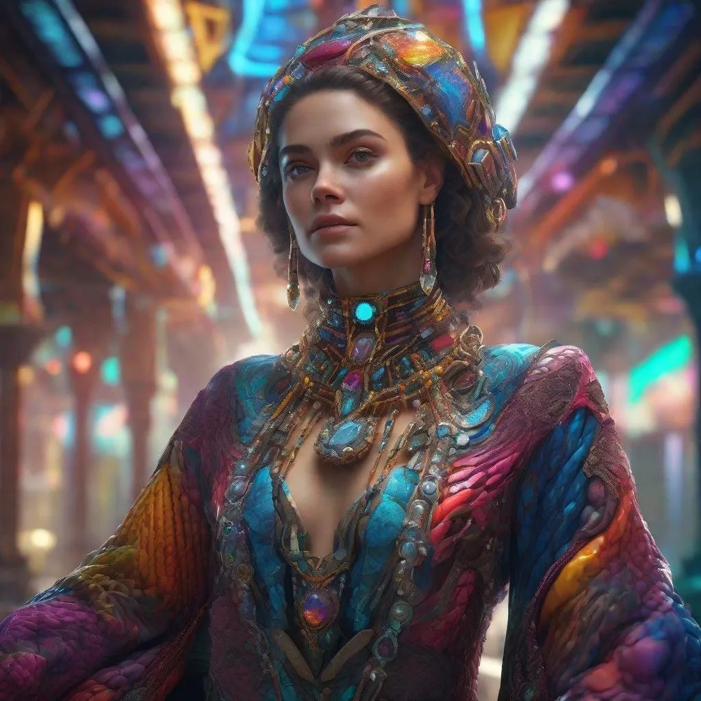 Prompt: Hyperrealistic portrait of a beautiful woman wearing intricately detailed colorful clothing and futuristic jeweller, detailed matte painting, deep color, fantastical, intricate detail, splash screen, complementary colors, fantasy concept art, 8k resolution trending on Artstation Unreal Engine 5