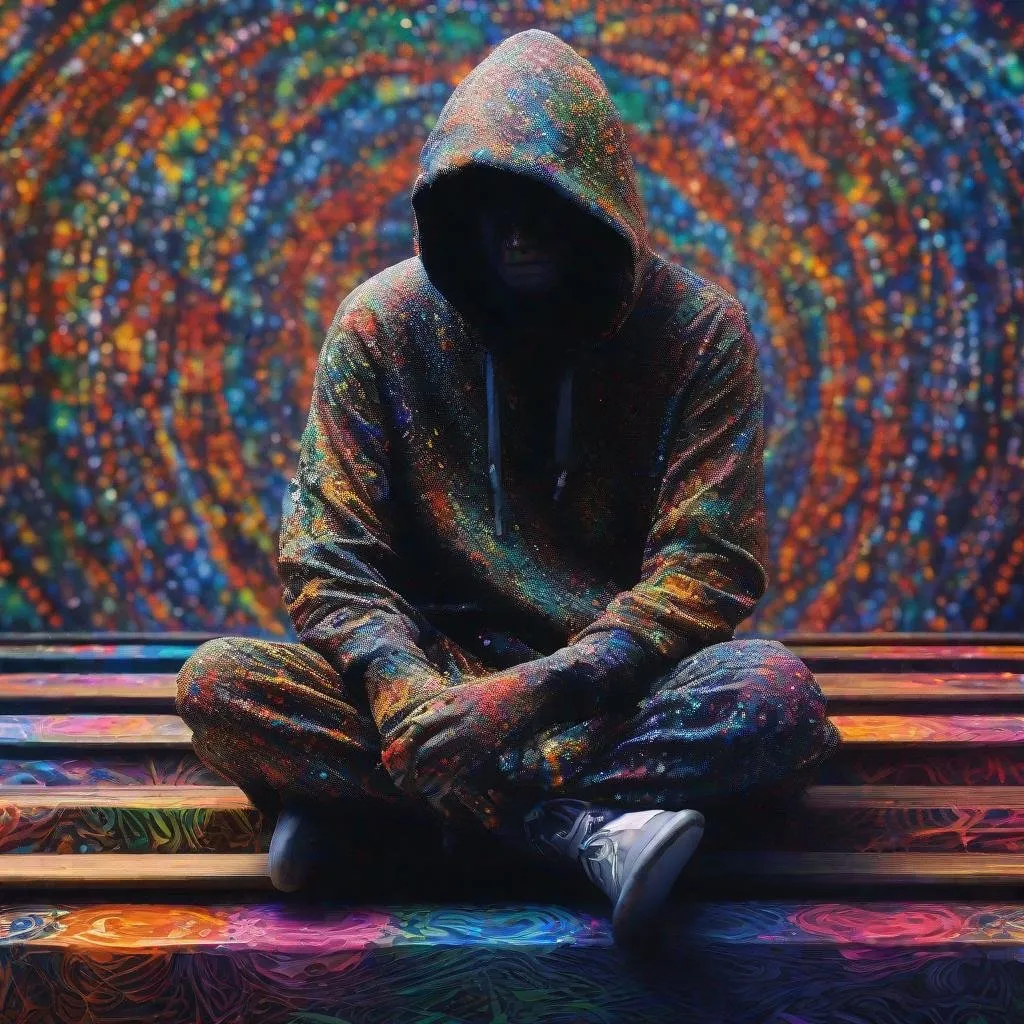 Prompt: Arafed image of a hooded man sitting on a wooden platform. His clothing is completely covered in colorful paint, done with swirling pointillism-style patterns and powerful juxtapositions of light and dark. Captivating, mystical and hypnotizing, STYLO ART Barbara Takenaga octane represents mind-blowing digital art