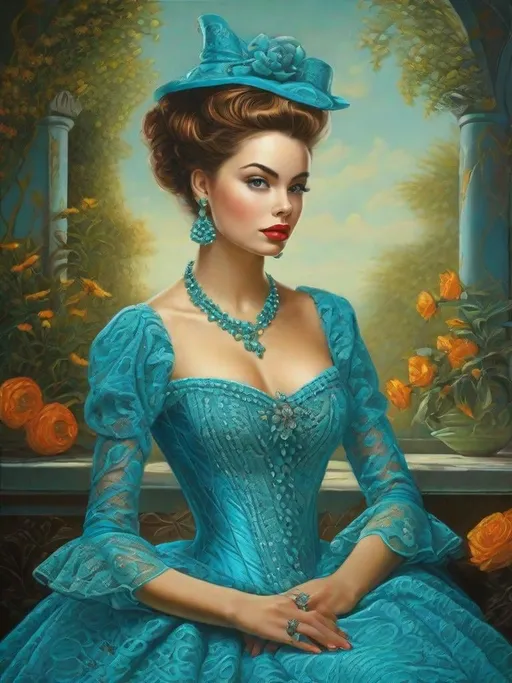 Prompt: Michael Cheval style illustration of a twenty-year-old woman, very beautiful, similar to Ariadne Díaz, dressed in a beautiful turquoise blue lace dress