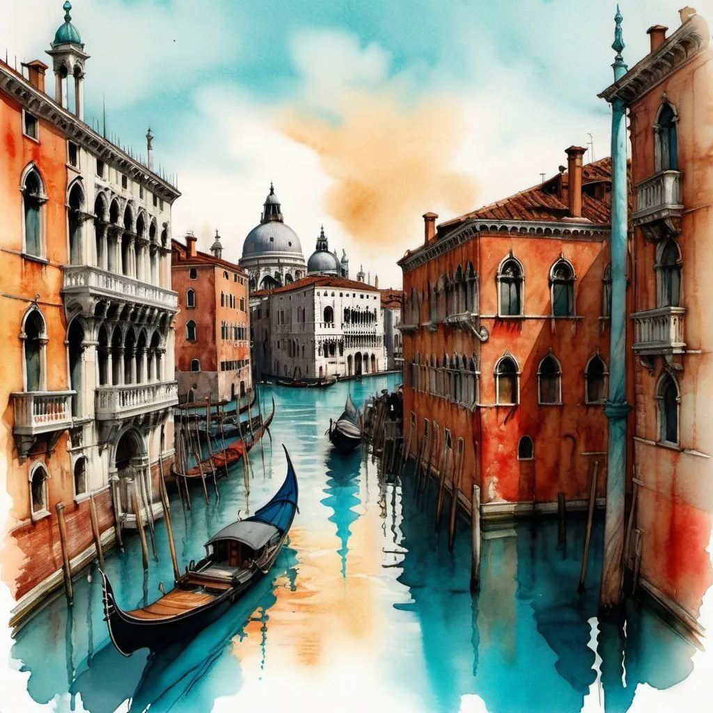 Prompt: A watercolor painting like an artistic part sketch of a city landscape, colors in shades of turquoise blue, red, orange and gold, golden domes venedig, modifiers: elegant and highly detailed pencil by Arthur Rackham, Jan-Baptiste Monge, watercolor painting, oil painting, bold strokes, dripping paint, unreal engine, global illumination, intricate environment and detailed"