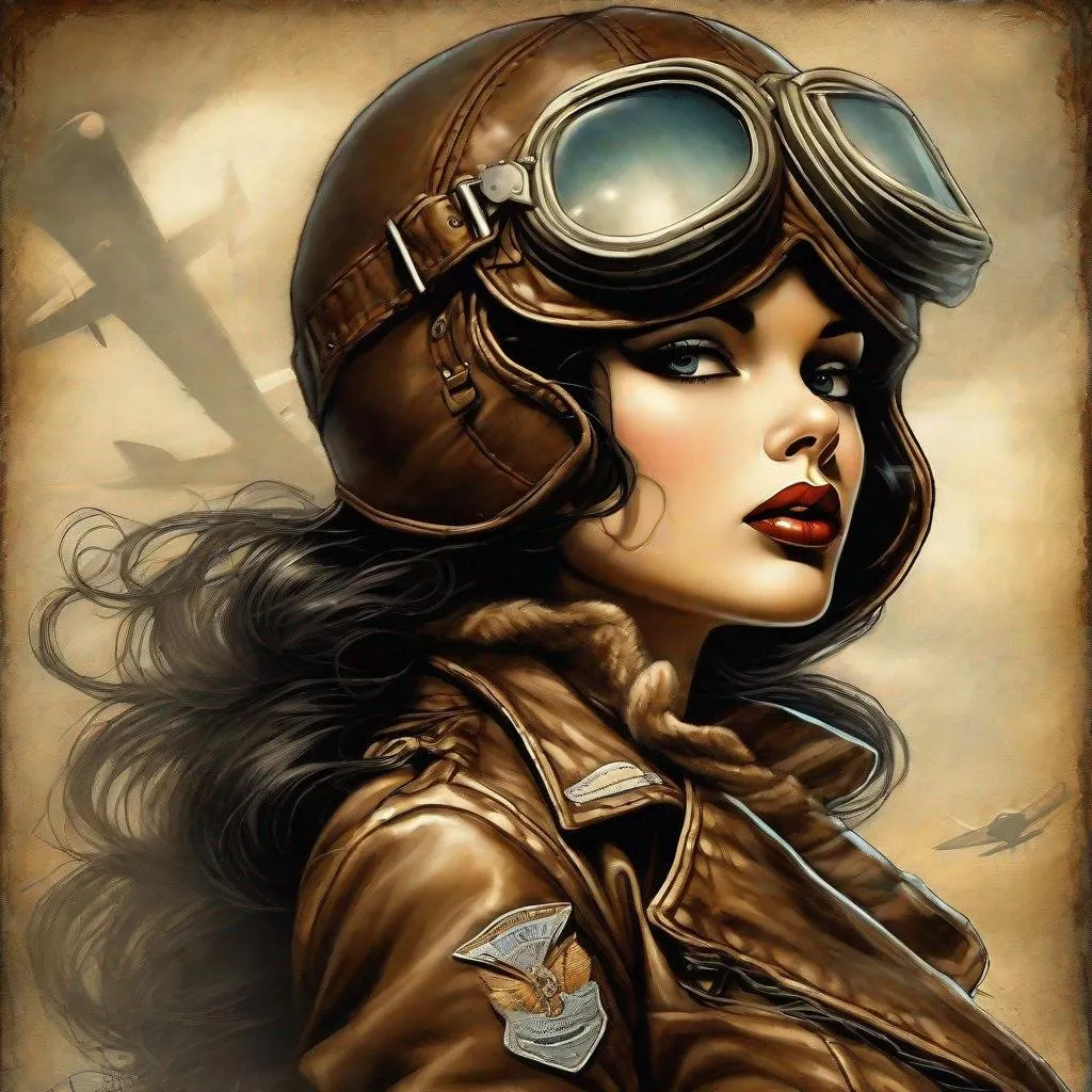 Prompt: Pin up art, close up, a stunningly beautiful woman as a aviator, luis royo, andy kehoe, dynamic pose, dynamic light and shadow, digital art
illustration in the style of  Jasmine Becket-Griffith