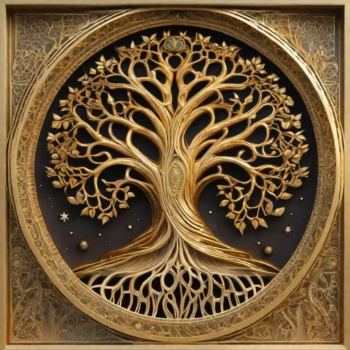 Prompt: Sculpture of a Cosmic tree of life, an ultrafine detailed painting, inspired by Vladimir Kush, trending on polycount, ecological art, intricate golden filigree, highly detailed symmetry, layered paper art