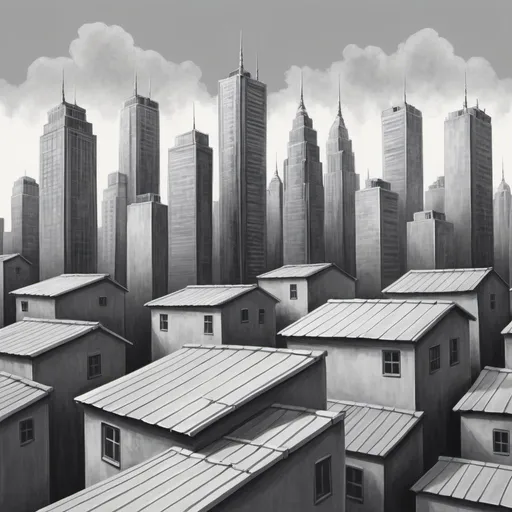 Prompt: Draw a roof with a bacground of city with scyscrapers. All painted in gray
