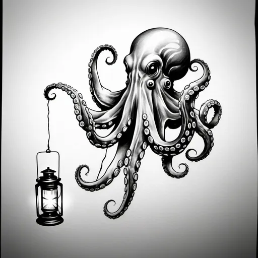 Prompt: black and white, tattoo-style sketch, octopus arm, elegantly holding a lantern, detailed suction, no shading, evocative contrast, showcases the beauty of marine life, rough style, perfect for tattoo inspiration on a white background.