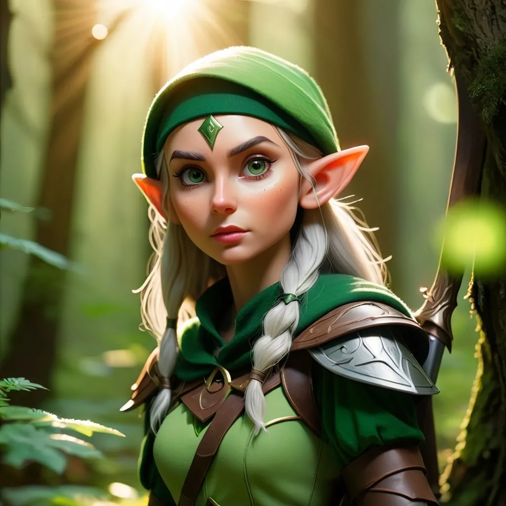 Prompt: Elf ranger in a mystical forest around sunlight