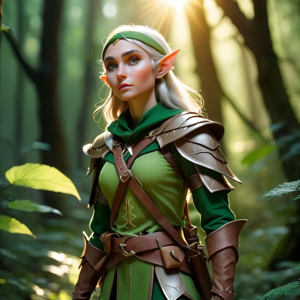 Prompt: Elf ranger in a mystical forest around sunlight