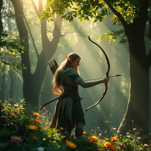 Prompt: (mystical forest), (elf ranger), illuminated by (soft sunlight), (lush greenery), (mystical aura), vibrant (flowers) scattered, detailed (elven attire), intricate (bow and quiver), serene (atmosphere), enchanting (light filtering through trees), (highly detailed), (4K), (fantasy).