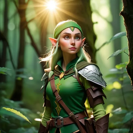 Prompt: Elf ranger in a mystical forest around sunlight