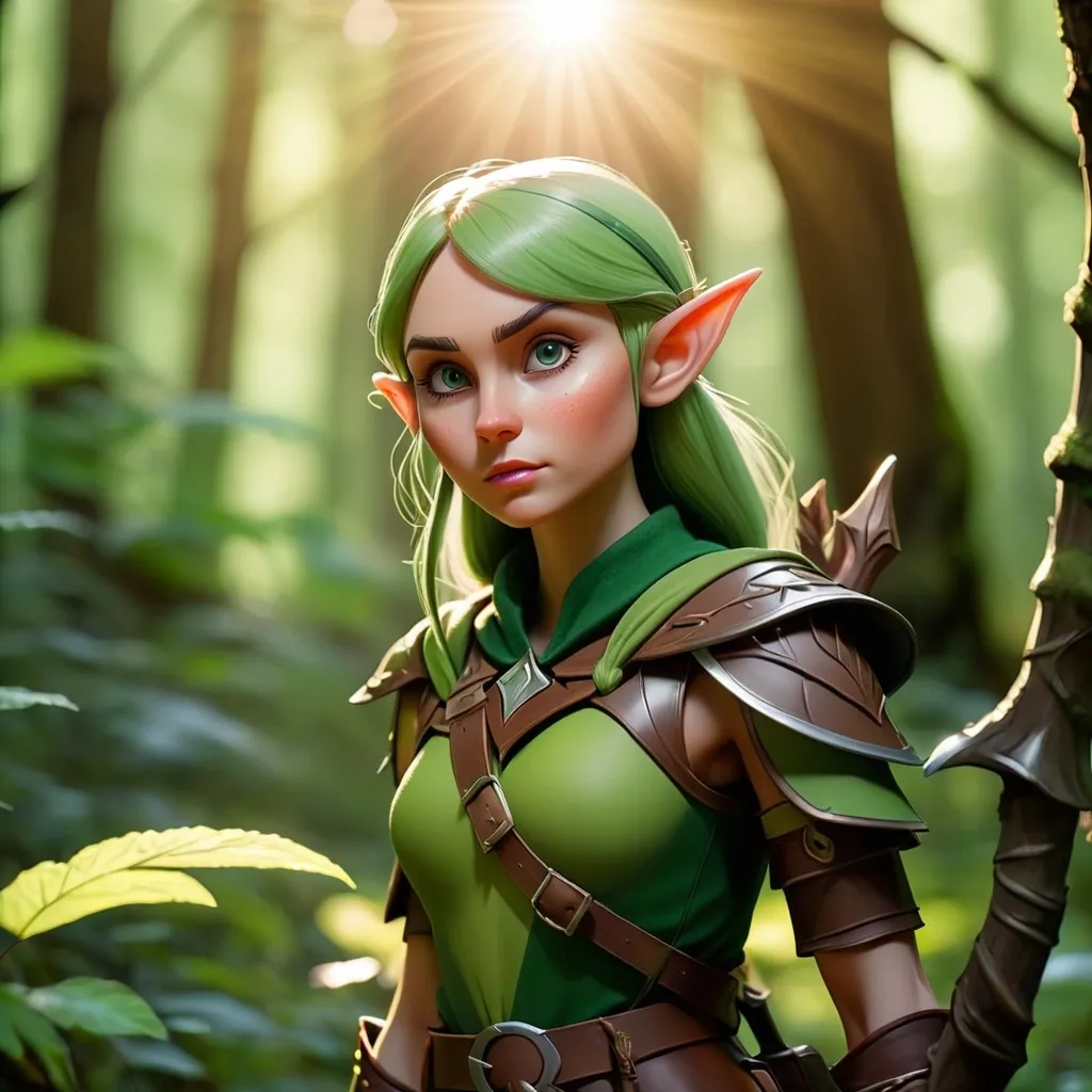 Prompt: Elf ranger in a mystical forest around sunlight