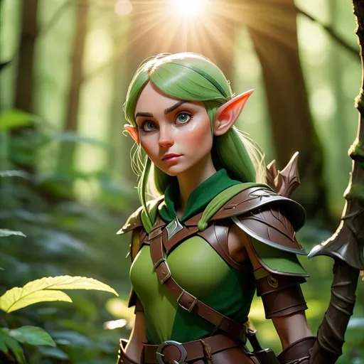 Prompt: Elf ranger in a mystical forest around sunlight