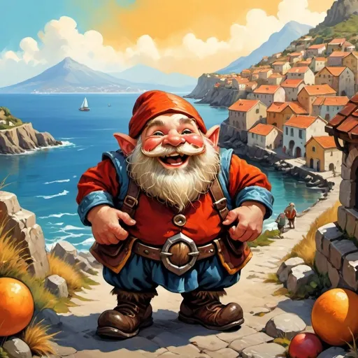 Prompt: Joyful fantasy illustration of a dwarf from the coastal town near Castellammare di Stabia, red tough skin, vibrant and lively, detailed facial expression, whimsical fantasy style, vibrant colors, warm and sunny lighting, high quality, fantasy, coastal town, dwarf race, detailed features, joyful expression, vibrant colors, whimsical fantasy style, warm lighting