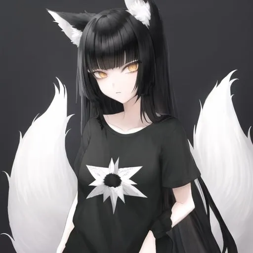 Prompt: Kitsune girl with black straight long hair, black straight bangs, white multiple fox tails, anime style, cute, wearing casual clothes