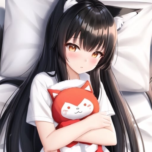 Prompt: Kitsune girl with black straight long hair, black bangs, white kitsune tails, white fox ears, anime style, cute, wearing casual outfit, detailed, front facing, child, young, big eyes, laying in bed, hugging plush