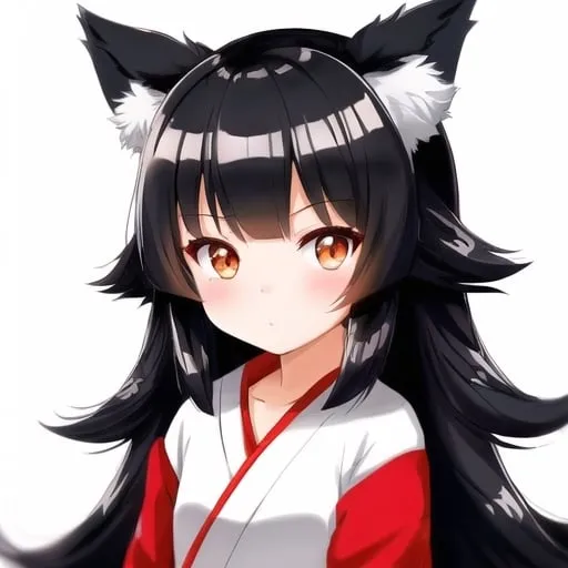 Prompt: Kitsune girl with black straight long hair, black bangs, white kitsune tails, white fox ears, anime style, cute, wearing casual outfit, detailed, avatar photo, front facing, child, young, big eyes, character design