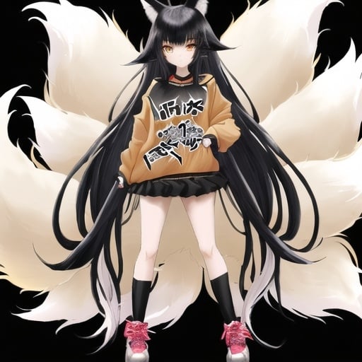 Prompt: Kitsune girl with black straight long hair, golden streaks in hair, black straight bangs, with white multiple fox tails, white fox ears, anime style, cute, wearing casual clothes, young, full body