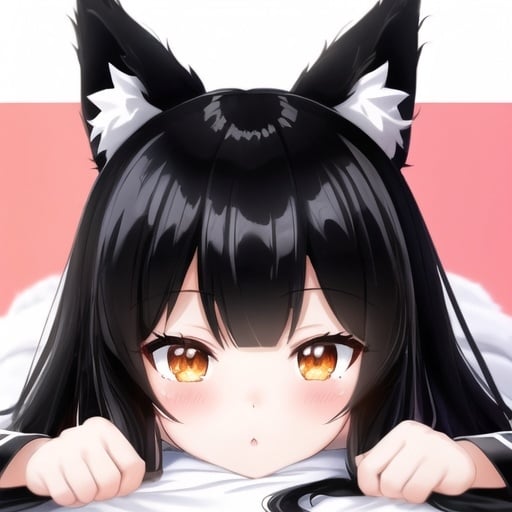 Prompt: Kitsune girl with black straight long hair, black bangs, white kitsune tails, white fox ears, anime style, cute, wearing casual outfit, detailed, front facing, child, young, big eyes, laying in bed, avatar photo