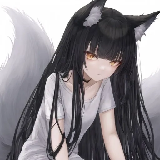 Prompt: Kitsune girl with black straight long hair, black straight bangs, white multiple fox tails, anime style, cute, wearing casual clothes