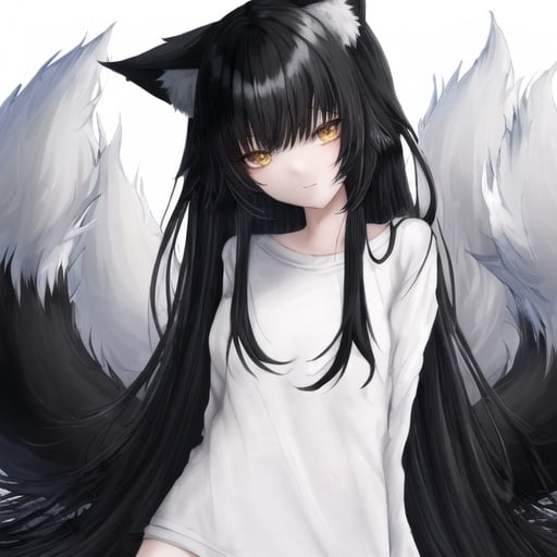 Prompt: Kitsune girl, with black straight long hair, black straight bangs, with white 9 fox tails, cute, wearing casual white clothes, looking at viewer