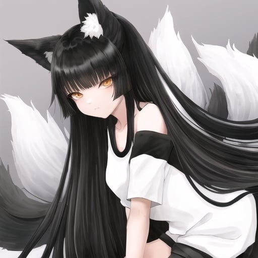 Prompt: Kitsune girl with black straight long hair, black straight bangs, white multiple fox tails, anime style, cute, wearing casual clothes