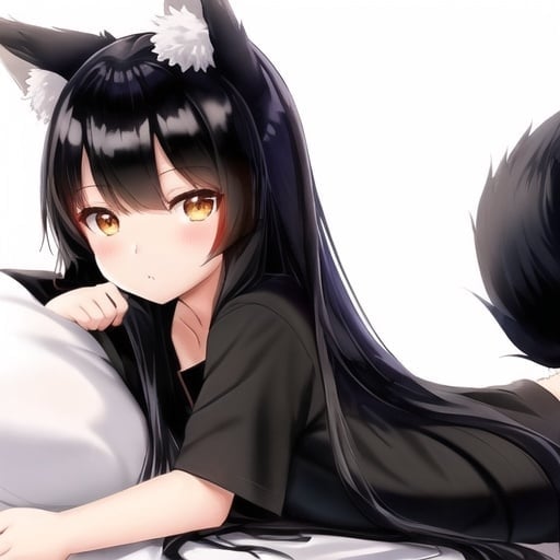 Prompt: Kitsune girl with black straight long hair, black bangs, white kitsune tails, white fox ears, anime style, cute, wearing casual outfit, detailed, avatar photo, front facing, child, young, big eyes, character design, laying in bed