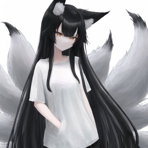 Prompt: Kitsune girl with black straight long hair, black straight bangs, with white multiple fox tails, anime style, cute, wearing casual light blue clothes