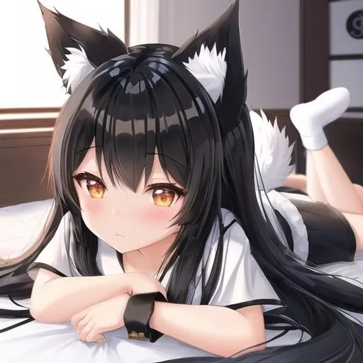 Prompt: Kitsune girl with black straight long hair, black bangs, white kitsune tails, white fox ears, anime style, cute, wearing casual outfit, detailed, avatar photo, front facing, child, young, big eyes, character design, laying in bed