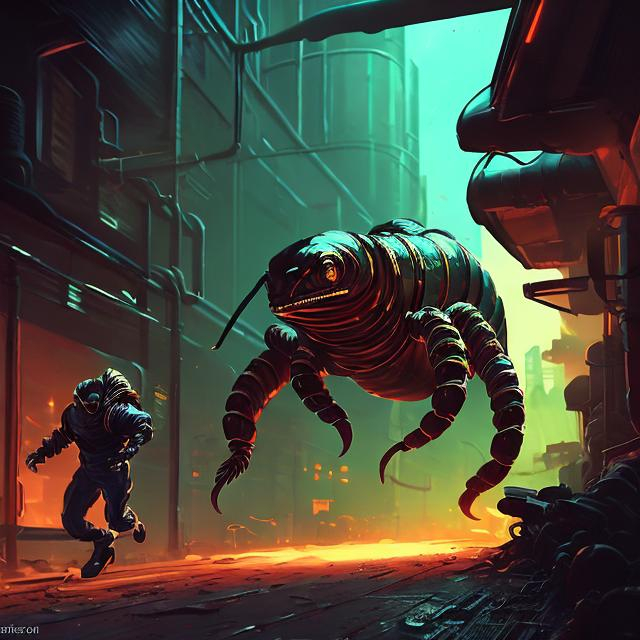 Prompt: retro futurism styled giant scorpion chasing a factory worker in a darkened alley, dynamic pose, Comic style, heavily detailed, concept art, unique universe, Primary color hues, magical world, bright uplifting tones, dynamic lighting
