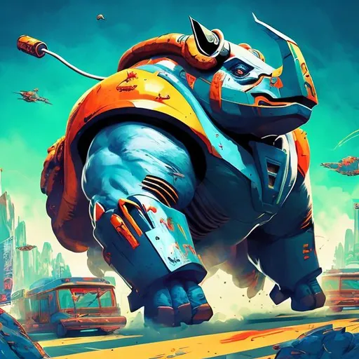 Prompt: retro futurism styled rhino charging through a food truck, flying food, dynamic pose, Comic style, heavily detailed, concept art, unique universe, Primary color hues, magical world, bright uplifting tones, dynamic lighting, 
