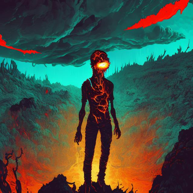 Prompt: Retro futurism styled Zombie caught in a lava flow, heavily detailed, unique universe, concept art, primary color hues, magical world, bright uplifting tones, dynamic lighting, professional, highres, ultra-detailed, retro-futurism, comic style, dynamic lighting, unique concept, misc-grunge, detailed feathers, atmospheric clouds, urban setting