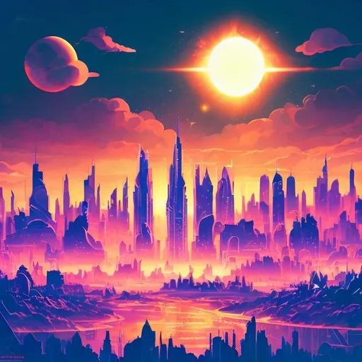 Prompt: a solar eclipse in a retro futurism styled city skyline, dynamic pose, Comic style, heavily detailed, concept art, unique universe, Primary color hues, magical world, bright uplifting tones, dynamic lighting,


