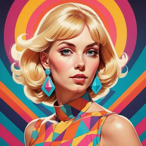 Prompt: Full color illustration, A blonde woman with big earrings, in the style of 60s kitsch and psychedelia, full body, sharp lighting, highest quality, ultra sharp, ffffound, ultra detailed, magical universe, Dynamic pose, bright and uplifting color hues, misc-geometric