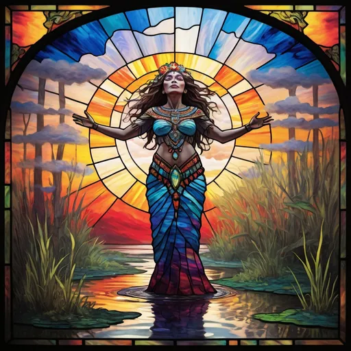 Prompt: stained glass, Monet-style, a dynamic aztec female sacred spirit coming out of dark dead swamp, dynamic pose, magical world, bright and uplifting primary color hues, fluffy clouds, dynamic lighting, ultra-detailed, professional, misc-nostalgic, Monet-styled