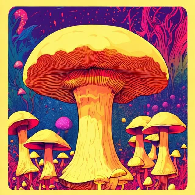 Prompt: Full color illustration, A psychedelic golden mushroom, in the style of 60s kitsch and psychedelia, full body, sharp lighting, highest quality, ultra sharp, ffffound, ultra detailed, magical universe, Dynamic pose, bright and uplifting color hues, misc-geometric