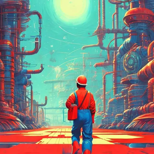 Prompt: retro futurism factory worker leaving towards home in style, Comic style, heavily detailed, concept art, unique universe, Primary color hues, magical world, well groomed hair, bright uplifting tones, dynamic lighting