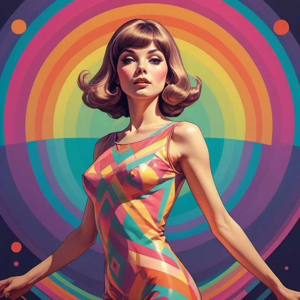 Prompt: Full color illustration, A woman, in the style of 60s kitsch and psychedelia, full body, sharp lighting, highest quality, ultra sharp, ffffound, ultra detailed, magical universe, Dynamic pose, bright and uplifting color hues, misc-geometric