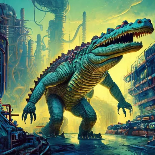 Prompt: a giant crocodile dredging through a retro futurism styled factory, dynamic pose, Comic style, heavily detailed, concept art, unique universe, Primary color hues, magical world, bright uplifting tones, dynamic lighting,

